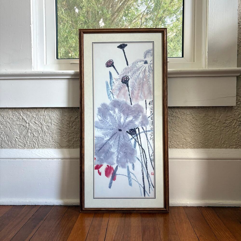 Vintage Qi Baishi Lotus Print Framed Chinese Floral Wall Art